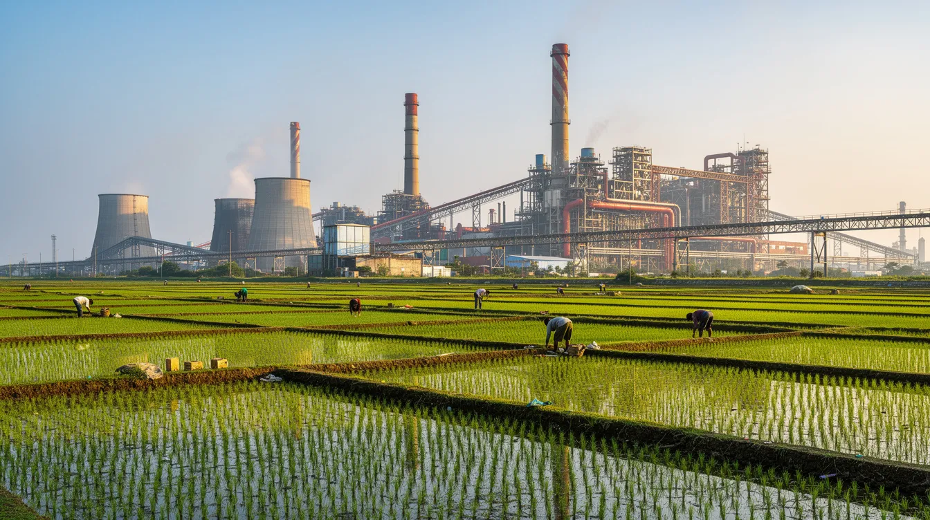 The image depicts a vibrant industrial and agricultural landscape in Jharkhand, showcasing steel plants alongside lush green paddy fields. This blend of industrial growth and agricultural sector highlights the region's potential for profitable business ideas and economic growth.