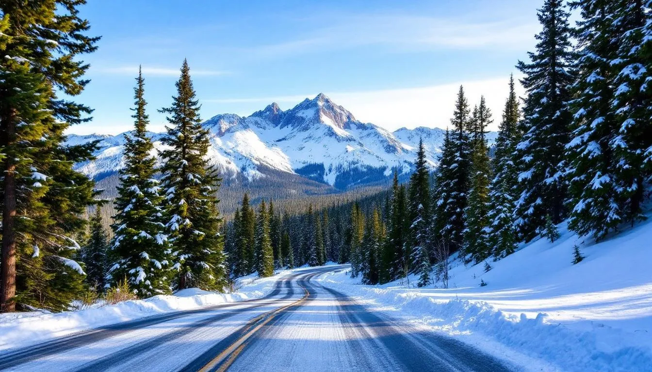 A winding mountain road leads to Brian Head, surrounded by majestic snow-covered peaks and lush forests, showcasing the beauty of Southern Utah in winter. This scenic route is perfect for guests heading to the Brian Head Ski Resort, where they can enjoy various winter activities.