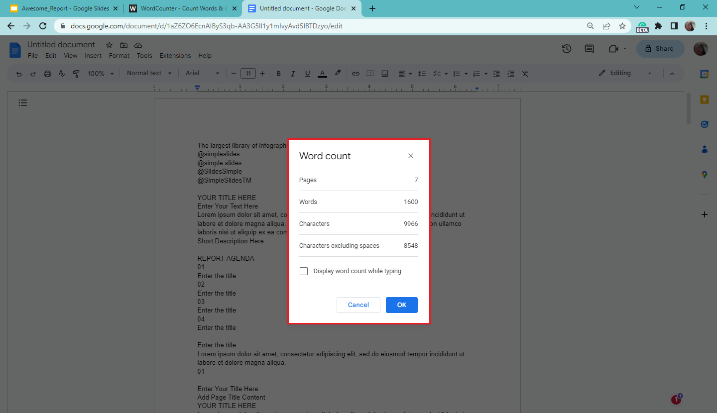 You accurate word count will display in the Word count window