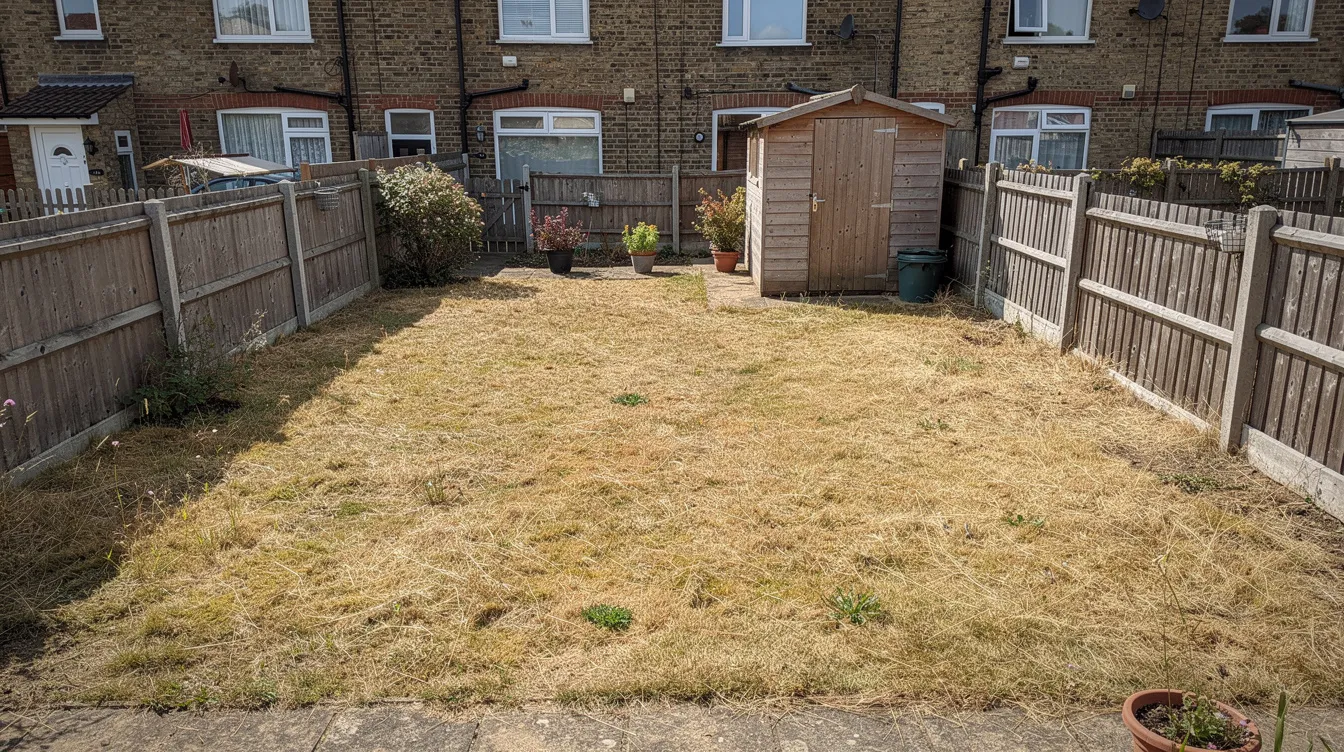 The image depicts a sun-scorched, dormant lawn in a UK terraced garden, characterized by extensive patches of yellow and brown grass, indicating the effects of heat and drought. The entire lawn appears dead or dormant, with the grass blades showing signs of stress from summer conditions.
