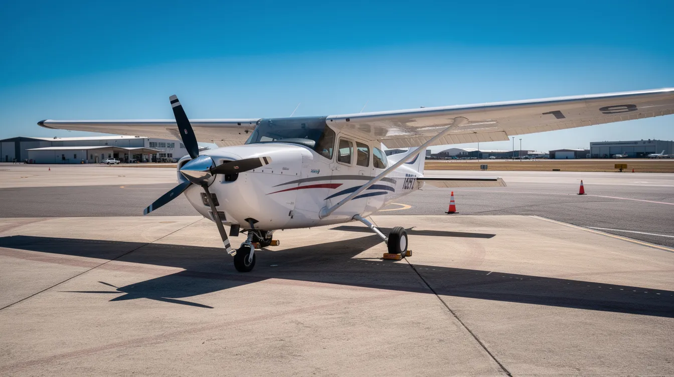 A small single-engine Cessna aircraft is parked on a sunny airport tarmac under a clear blue sky, representing a typical scene for flight training at a certified flight school. This image evokes the journey of becoming a private pilot, highlighting the importance of flight lessons and practical tests in achieving a private pilot license.