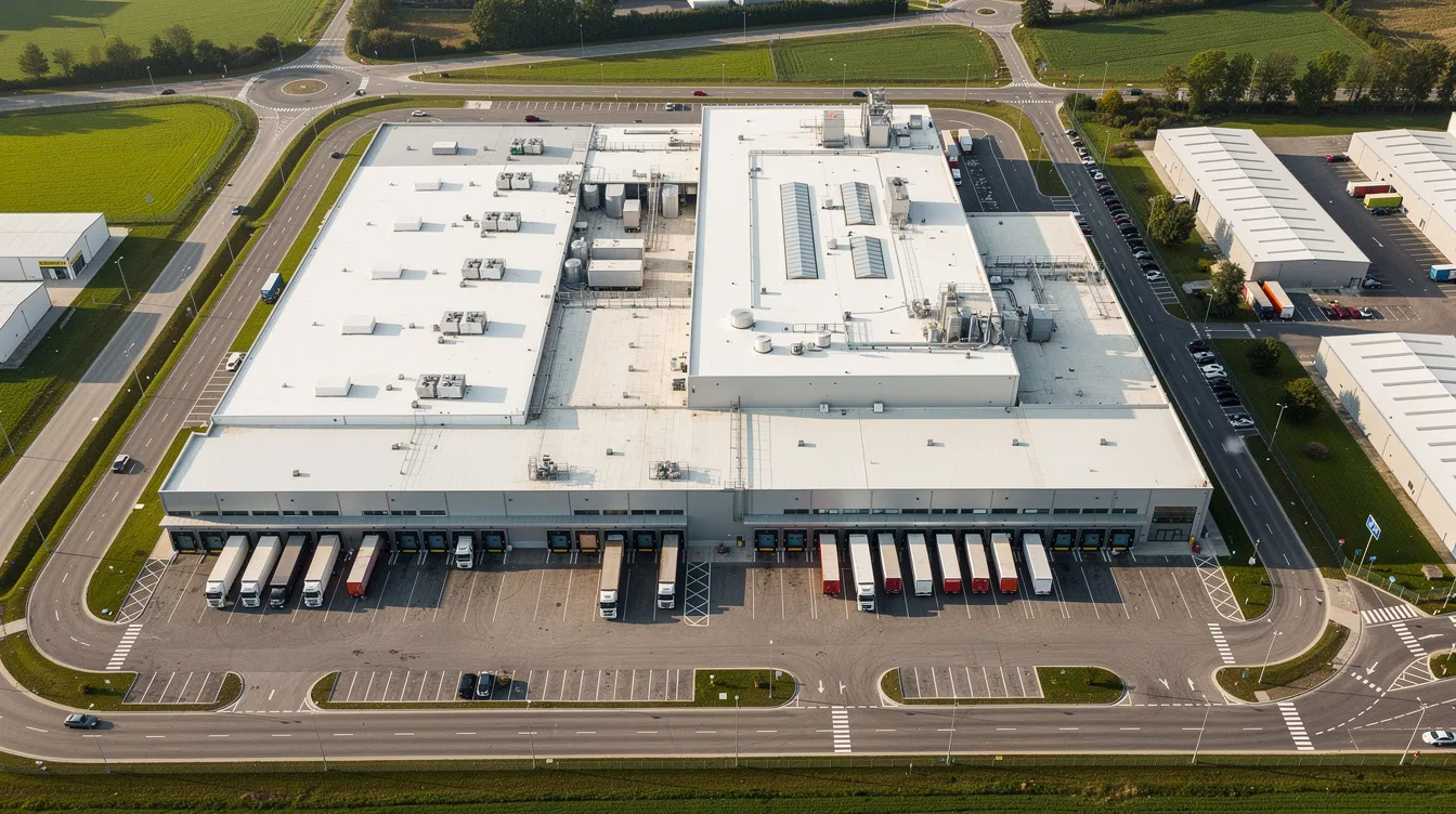 1a3e6d5d 3dab 44e3 be1b 1c3bbffd0d15 An aerial view of a modern food processing factory showcases organized sections and loading docks, highlighting the efficient production line for puffed rice and other value-added products. The facility is equipped with advanced machinery and technology to ensure high-quality processing of rice grains and snacks, contributing to extended shelf life and meeting market demands.