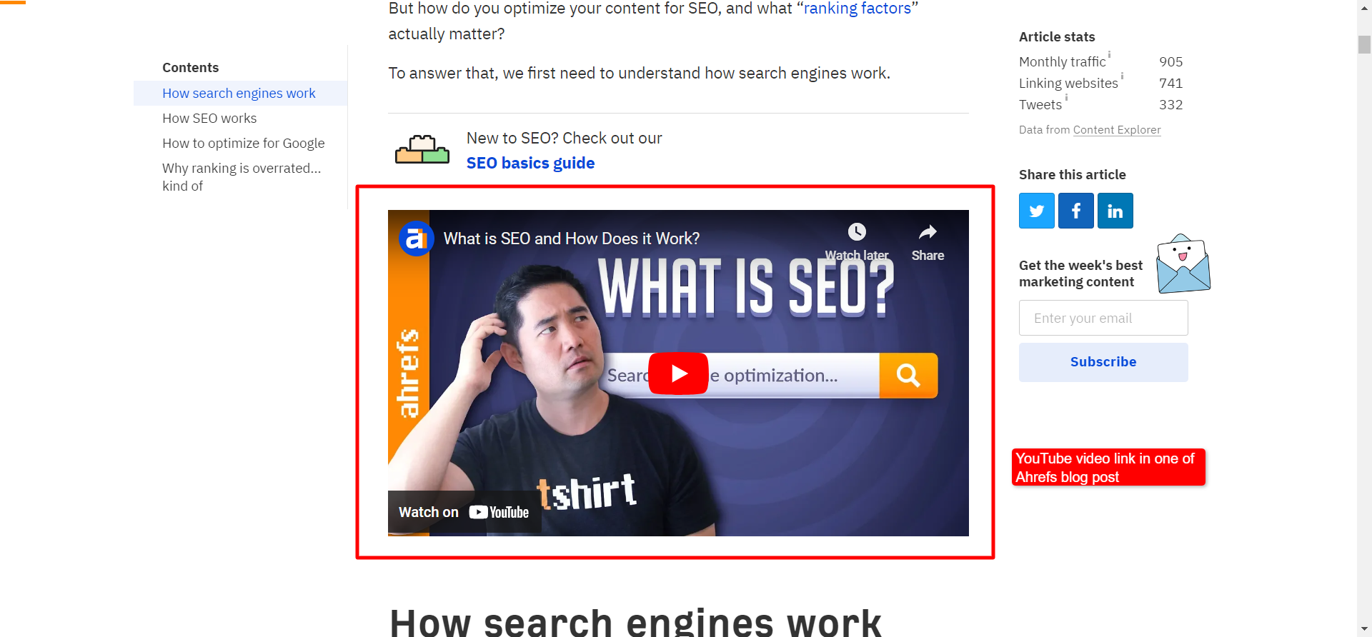 YouTube video on 'What is SEO' linked in Ahrefs blog post.