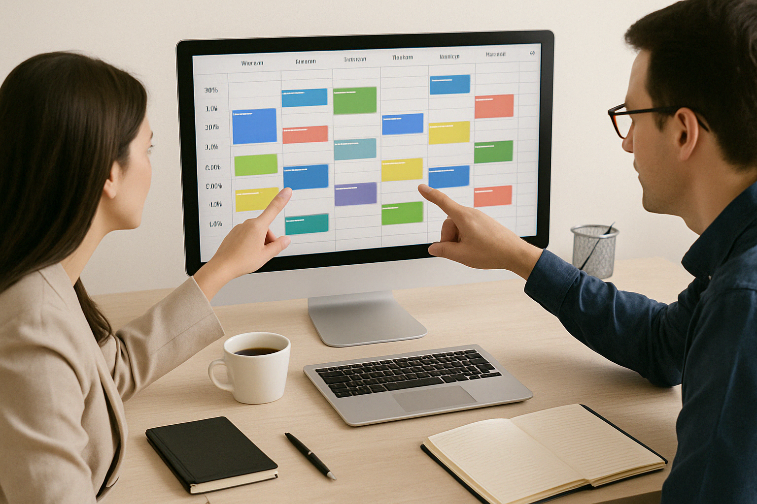 Two colleagues pointing at a shared digital calendar on a monitor, illustrating team scheduling with unlimited users, browser extensions, google docs, and project management.