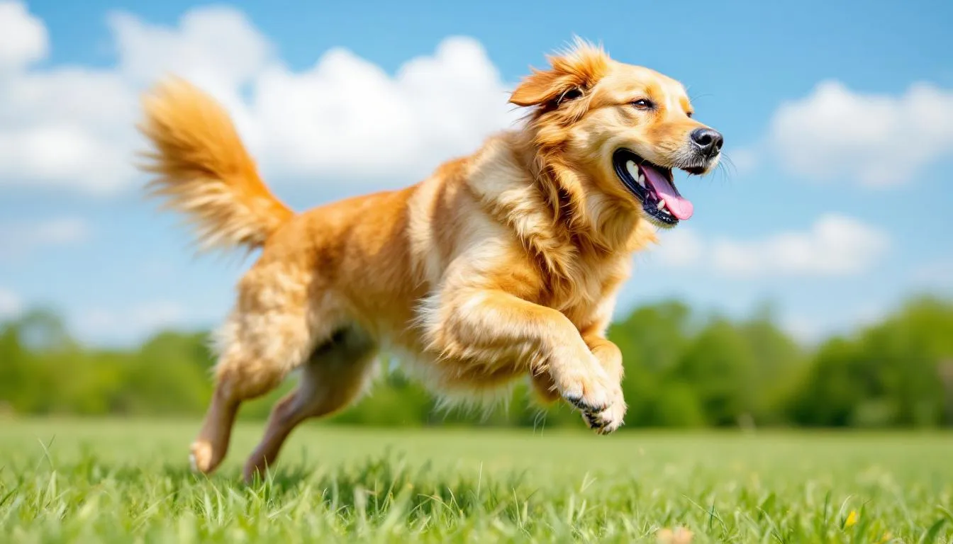 A healthy golden retriever dog is joyfully playing outdoors, showcasing its vibrant energy and joyful spirit. This lively scene highlights the importance of maintaining good liver function in dogs, as a healthy liver is crucial for overall well-being.