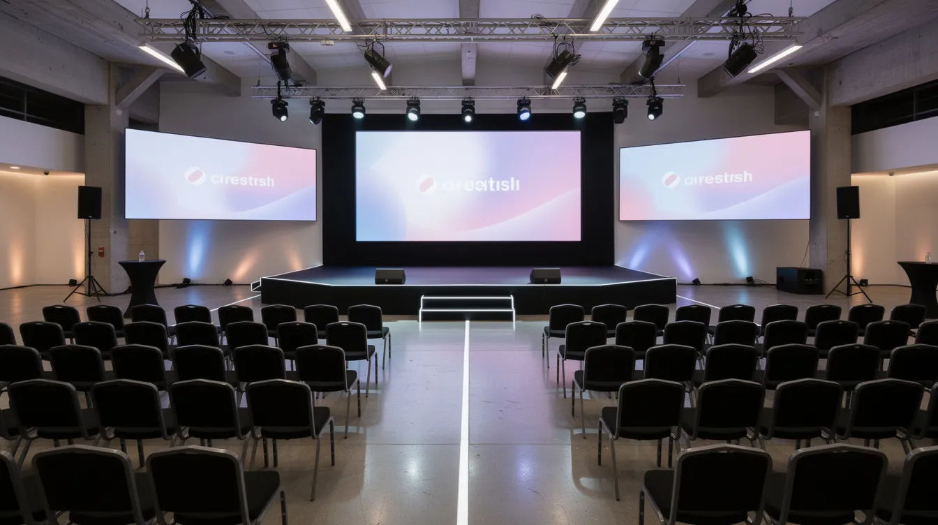 The image depicts a contemporary venue space set up for a product launch event, featuring multiple screens displaying brand messaging and an audience seating area arranged for attendees. This setup reflects a strategic approach to an impactful brand launch, aimed at generating buzz and connecting with the target audience.