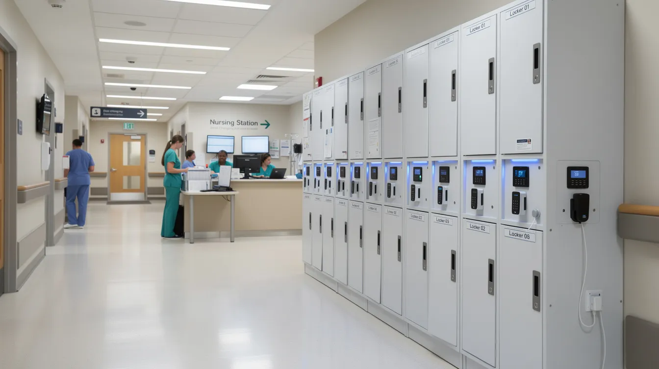 The image depicts smart charging lockers installed in a hospital hallway, conveniently located near a nursing station. These smart lockers provide secure storage and enhance operational efficiency by allowing authorized personnel to manage inventory and streamline operations with a user-friendly interface.