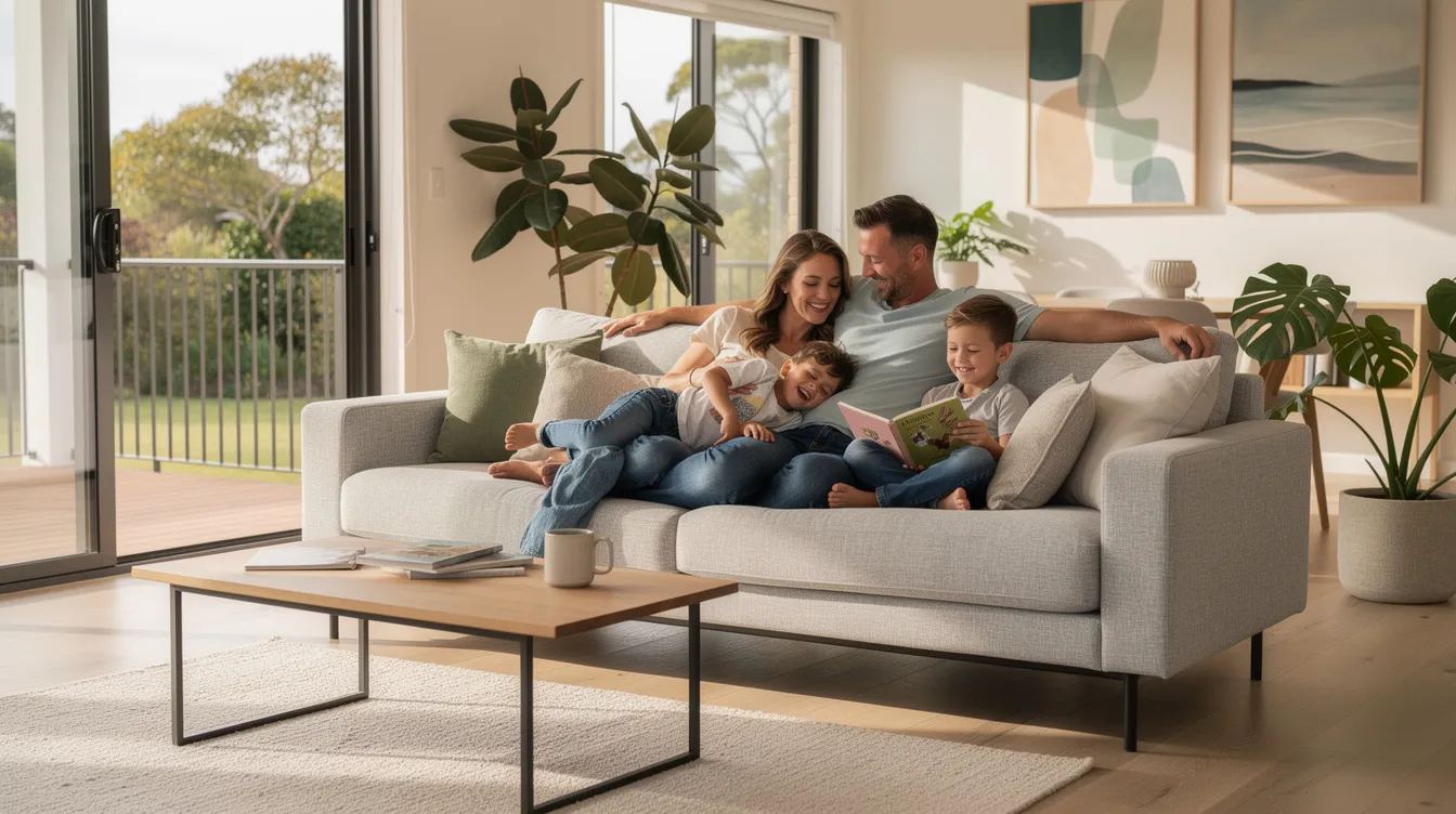 A family is relaxing together on a light grey fabric sofa in a modern Australian living room, featuring plush cushions and a stylish coffee table. The inviting space showcases a modular sofa design, perfect for quality time and comfort.