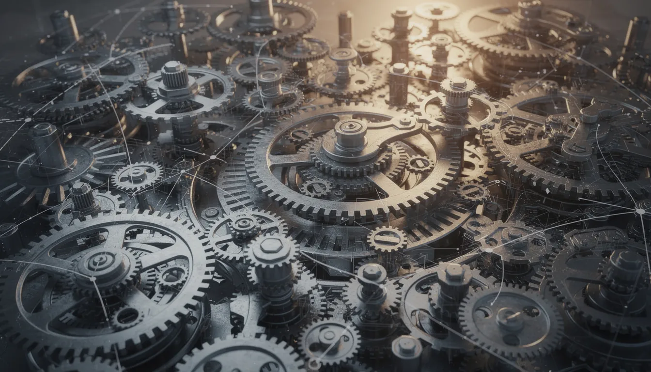 The image depicts a complex arrangement of interconnected gears and machinery, symbolizing the intricate interdependence of various systems within the AI industry. This visual representation reflects the current AI boom and the significant investments flowing into major AI companies, highlighting the potential for both growth and market correction in the tech sector.