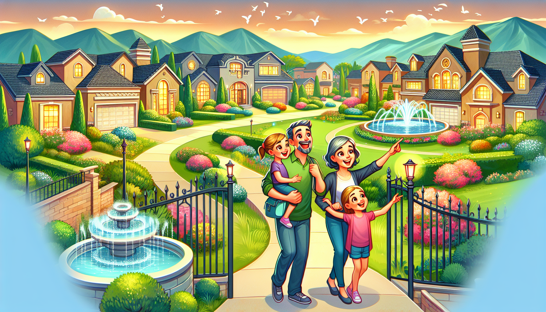 A whimsical illustration of a family exploring different gated communities to find their dream home.