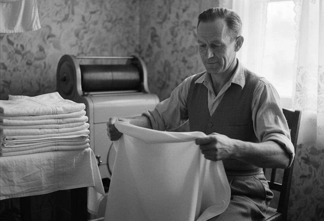 A black and white vintage portrait captures a man engaged in household chores