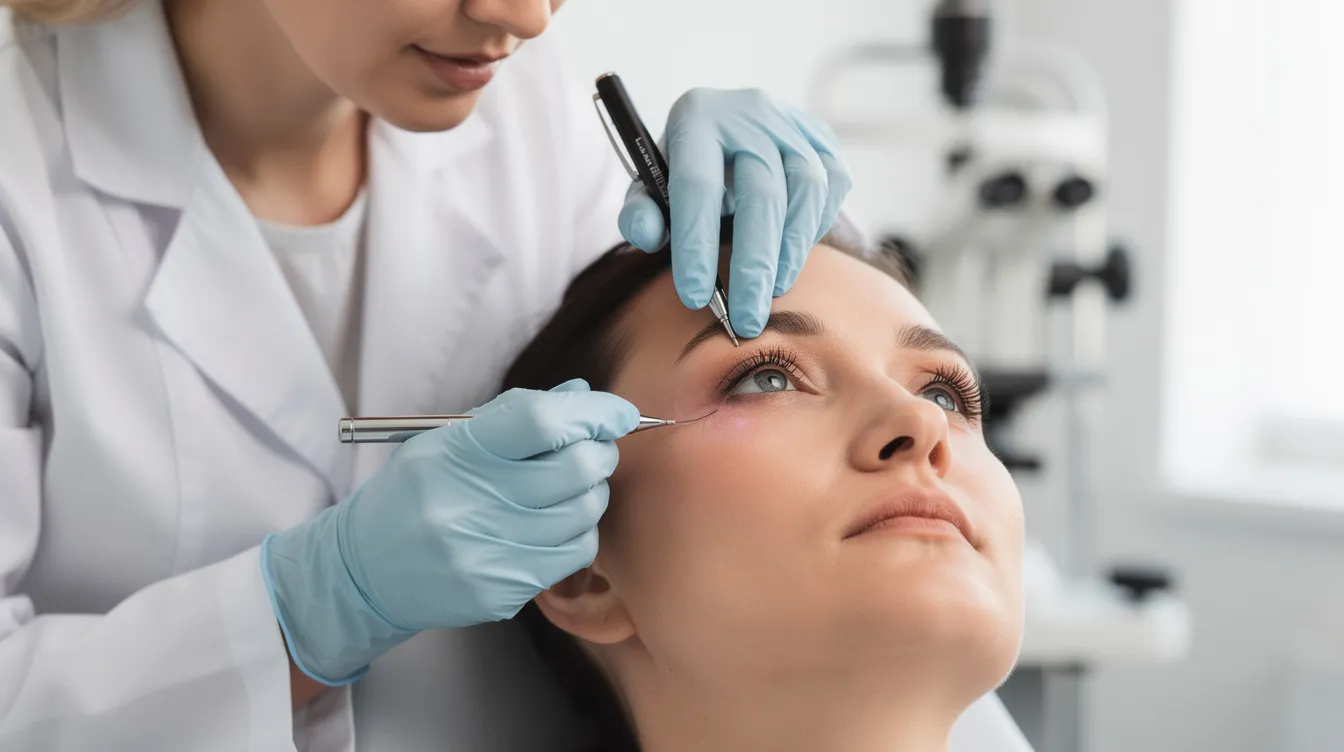 A medical professional is carefully examining a patient's lower eye area during a consultation, focusing on the presence of sagging skin and under eye bags. This assessment is part of a discussion about the benefits of eyelid surgery, specifically lower blepharoplasty, to enhance the patient's youthful appearance.