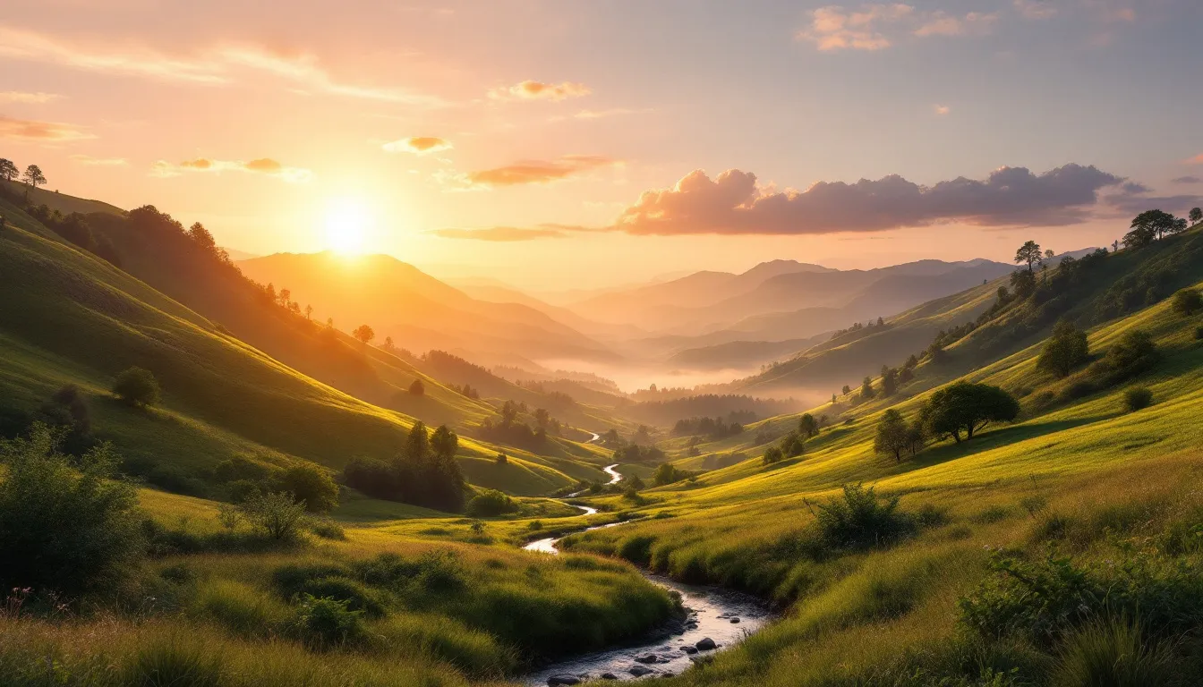 The image depicts a serene valley at dawn, symbolizing God's perfect timing for financial breakthroughs, with soft light illuminating the landscape. It reflects themes of abundance and divine provision, reminding viewers of the blessings and financial miracles that come from the Lord Almighty.