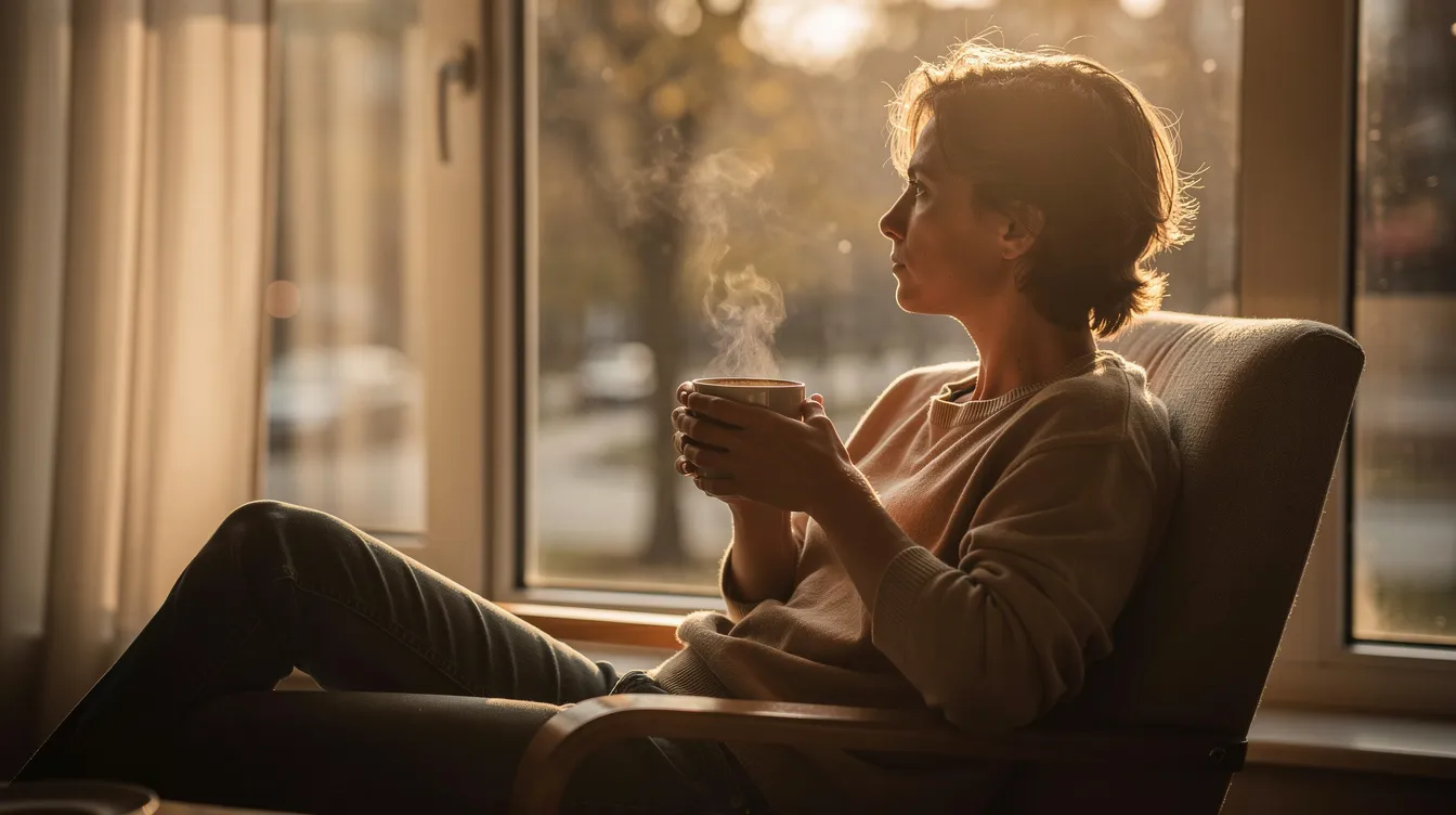 A person sits by a window, holding a cup of coffee and gazing thoughtfully into the distance, illuminated by soft morning light. This scene reflects the mental health challenges of managing stress and the importance of self-care in navigating life's challenges.