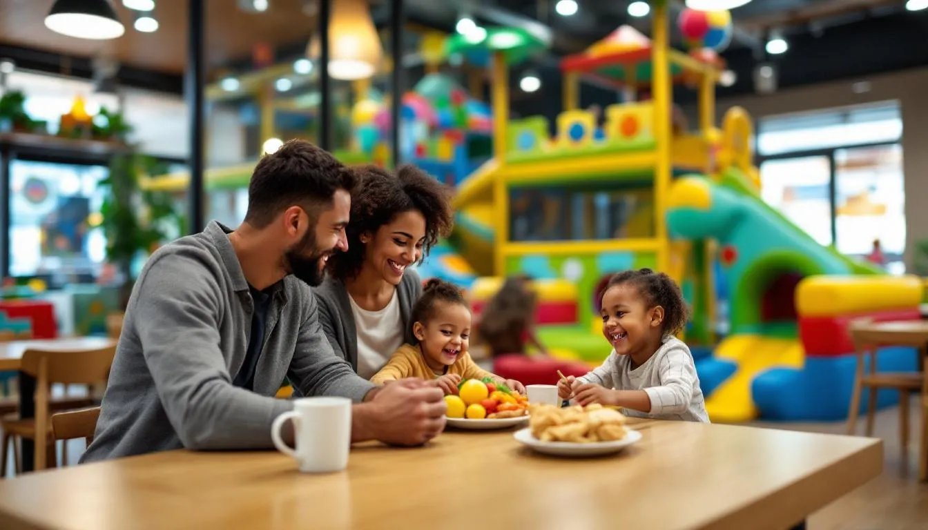 In a vibrant restaurant setting, families gather around tables while children play joyfully in nearby colorful indoor play areas, featuring climbing structures and a ball pit. The atmosphere is lively, with parents enjoying meals as kids engage in fun activities, fostering social skills and creativity in a safe environment.