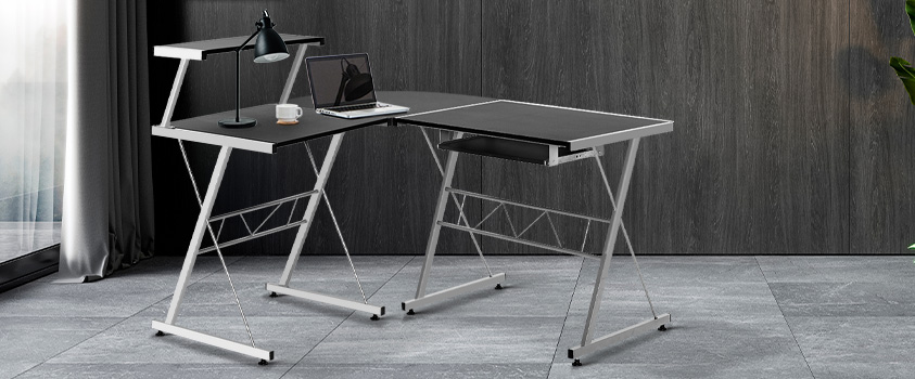 An office featuring an Artiss Black Metal Corner Pull-out Table Desk.