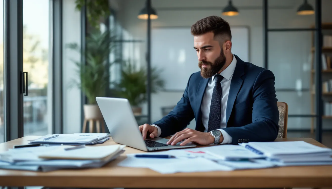 Um contador está concentrado em seu trabalho em um escritório, analisando documentos e utilizando um computador. Ele está lidando com questões relacionadas a ativos imobilizados e bens duráveis, essenciais para a contabilidade da empresa.