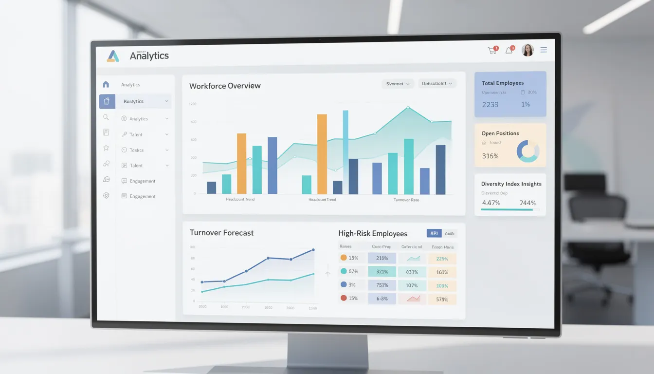 The image depicts an HR analytics dashboard showcasing various workforce metrics and predictive insights, designed for HR professionals. It highlights key features such as employee data, attendance management, and performance management, emphasizing the importance of data-driven insights for effective HR operations and workforce analytics.