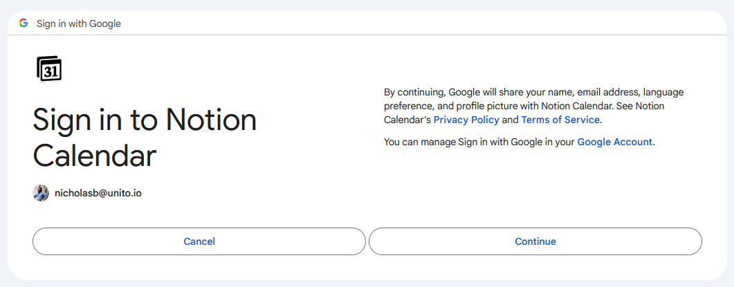 A screenshot of a prompt to sign in to Notion Calendar with Google.