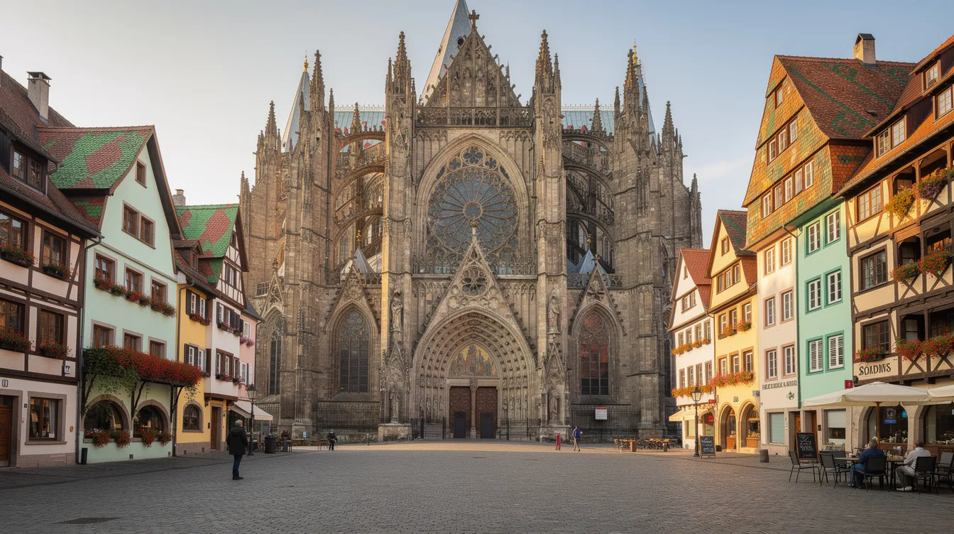 A imagem mostra a fachada de uma catedral gótica imponente, destacando-se em uma praça histórica europeia, cercada por edifícios de telhados coloridos. O ambiente reflete a rica cultura e história da região, possivelmente na Croácia, com traços arquitetônicos que remetem à Europa Oriental.