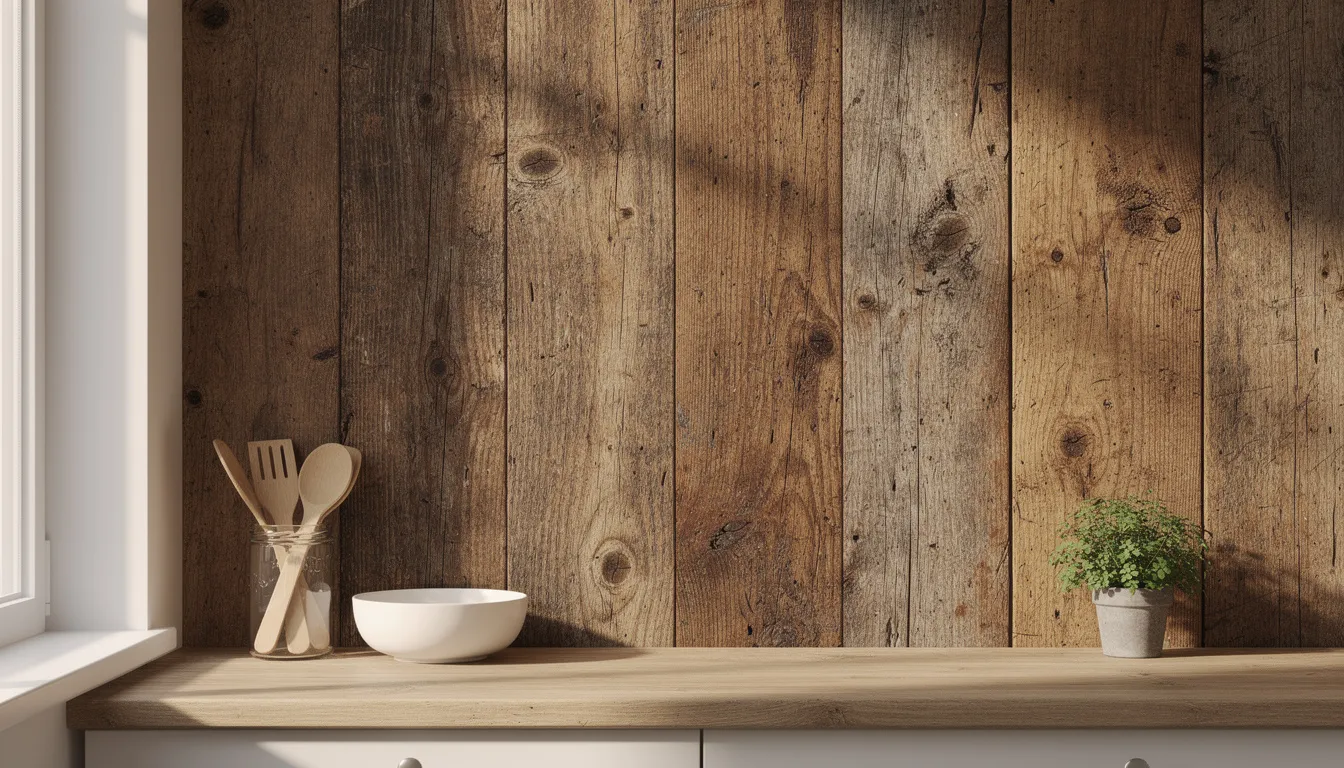Bilden visar en rustik träpanelaccentvägg i en köksmiljö, upplyst av naturligt ljus, vilket skapar en varm och inbjudande atmosfär. Detta designval tillför visuellt intresse och fungerar som en fokuspunkt som förbättrar kökets övergripande inredning.