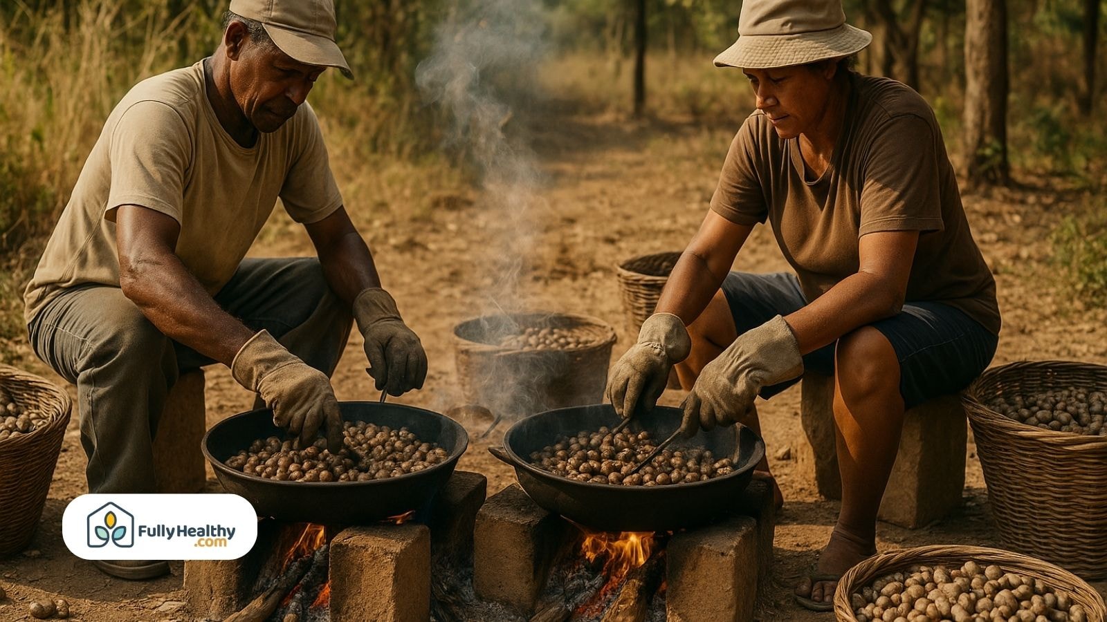 Two workers roasting cashew nuts over open fire in the field