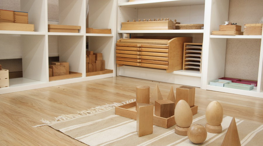 low shelves provide access to toys made of natural materials