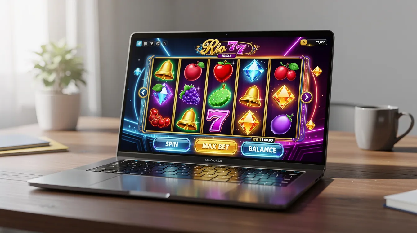 A laptop sits on a desk, showcasing a vibrant online slot game interface filled with colorful graphics and symbols, inviting players to engage in exciting casino games. The screen hints at features like free spins and bonuses, typical of the best online casino sites.