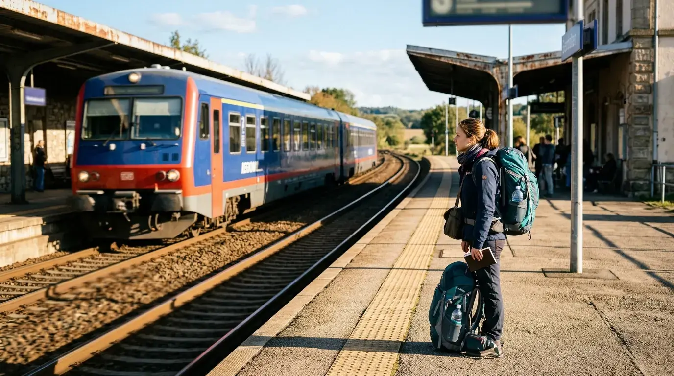 Backpacker waiting on a station platform as a train arrives