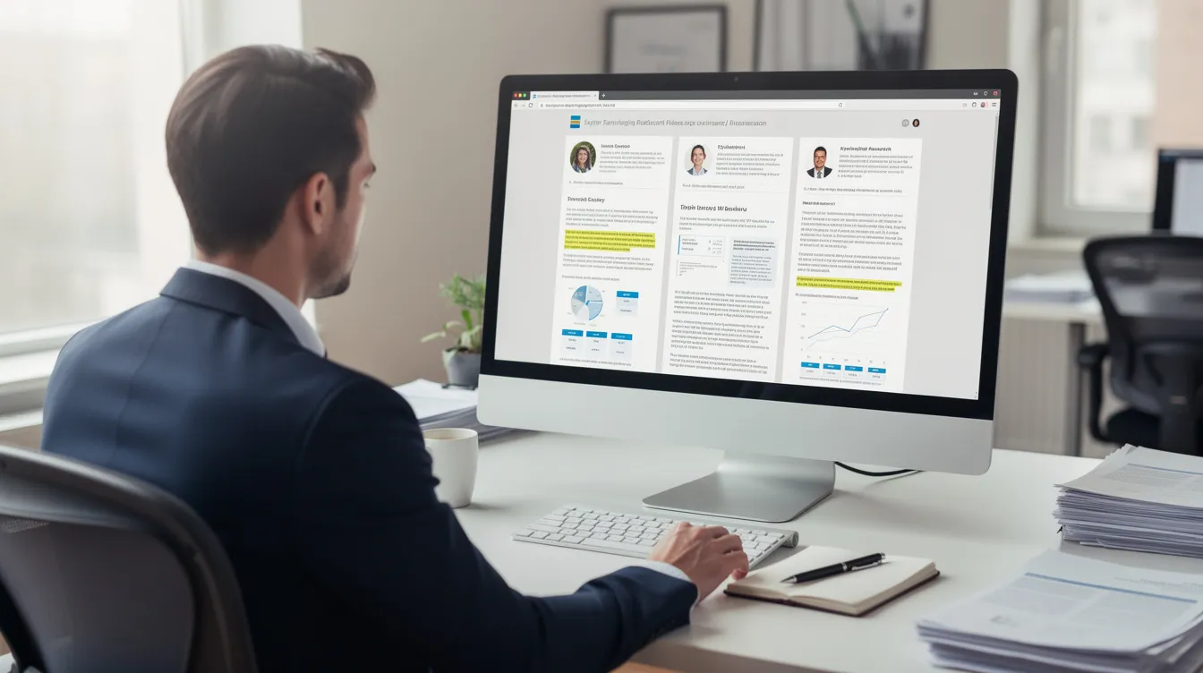 A professional is seated at a desk, intently reviewing expert profiles and research papers displayed on their computer screen, utilizing data collection services to gather expert analysis in a particular field. The setting reflects a focus on knowledge and decision-making, emphasizing the importance of expertise in public health and other areas of interest.