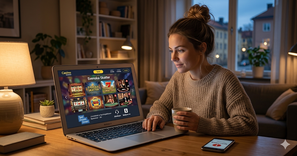Spelare spelar slots online på laptop hemma – svenska casinon och bonusspel