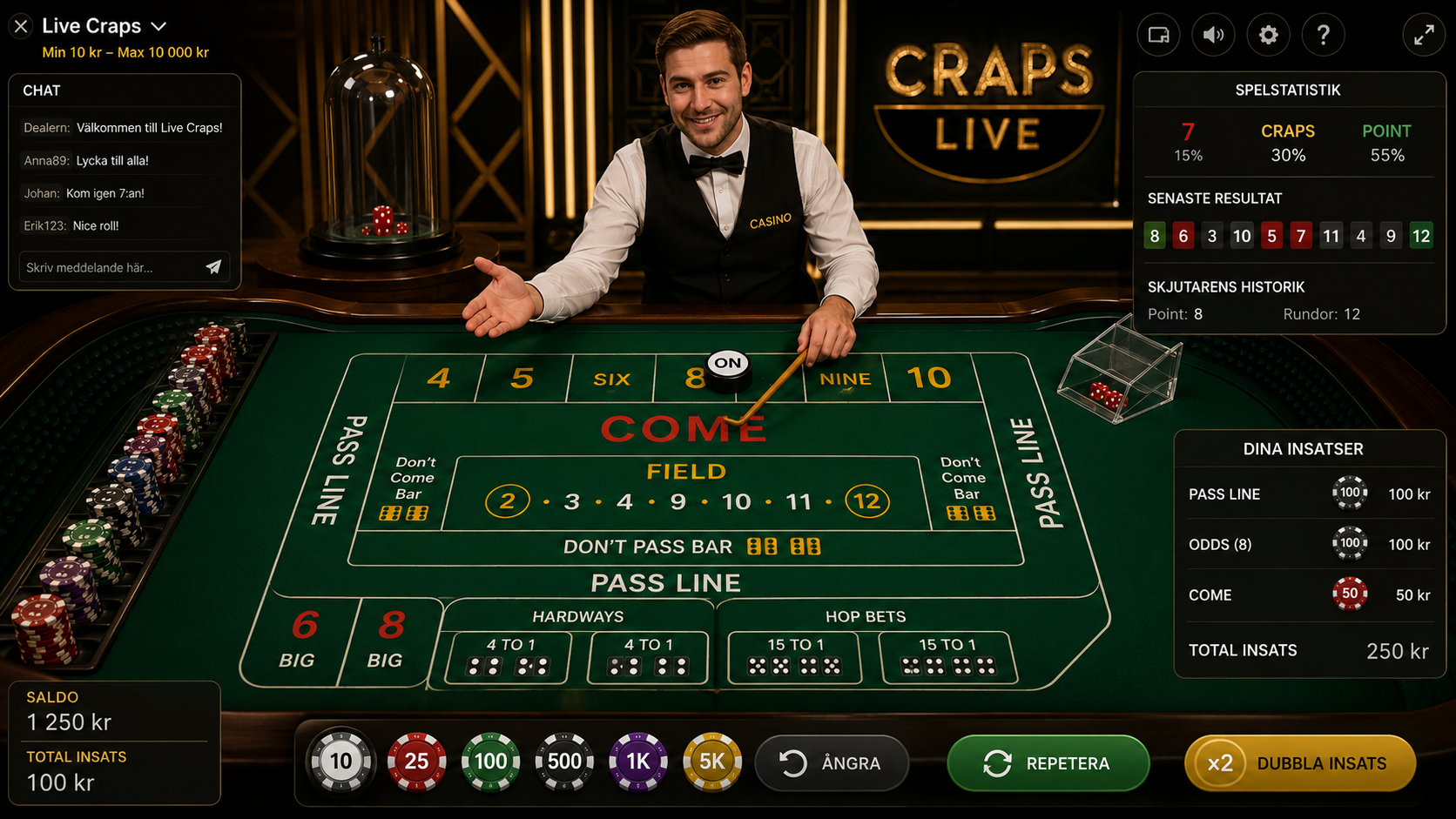 Live craps på online casino med dealer, spelbord och aktiva insatser.