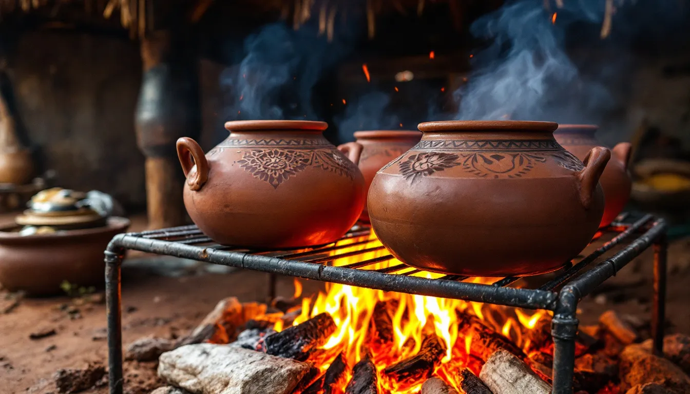 In the image, traditional African clay pots are cooking over an open fire, showcasing a staple of Eswatini cuisine. The scene evokes the rich flavors of local dishes such as maize meal, goat meat, and sweet potatoes, reflecting the communal practice of sharing meals in rural areas.