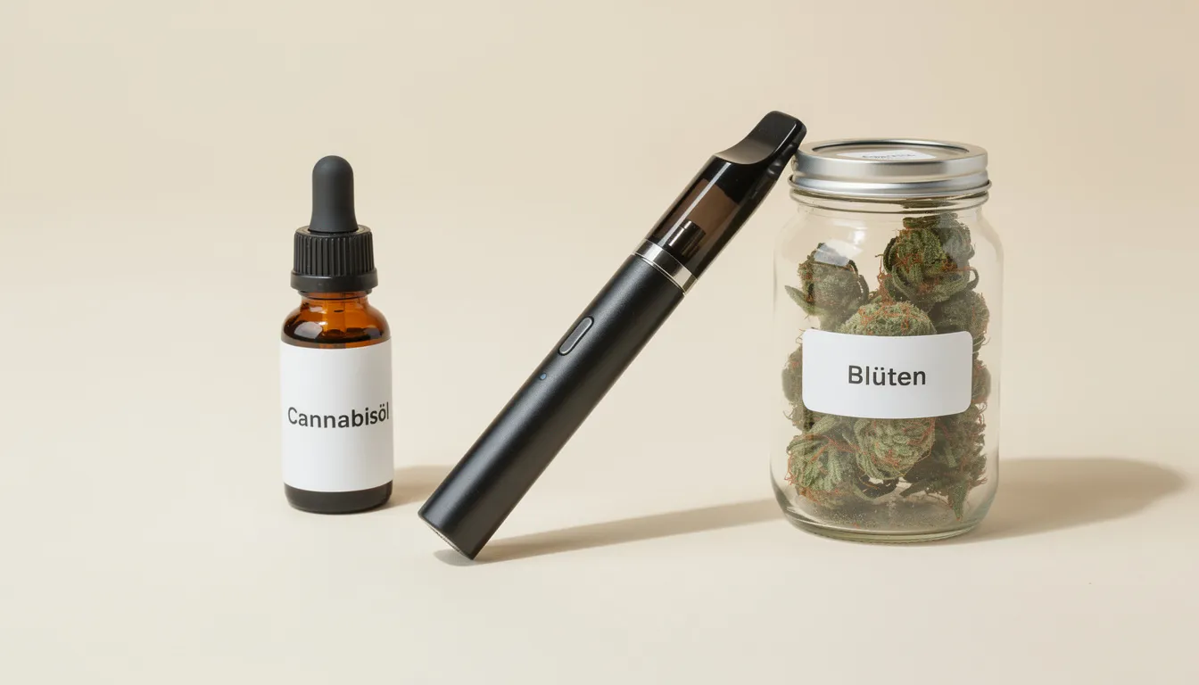 Das Bild zeigt eine Auswahl verschiedener Cannabinoid-Produkte, darunter ein Vape-Pen, Ölfläschchen und ein Glas mit Cannabisblüten, auf einem hellen Untergrund. Diese Produkte sind Teil der Therapie mit medizinischem Cannabis und bieten Patienten unterschiedliche Anwendungsformen zur Linderung von Beschwerden.