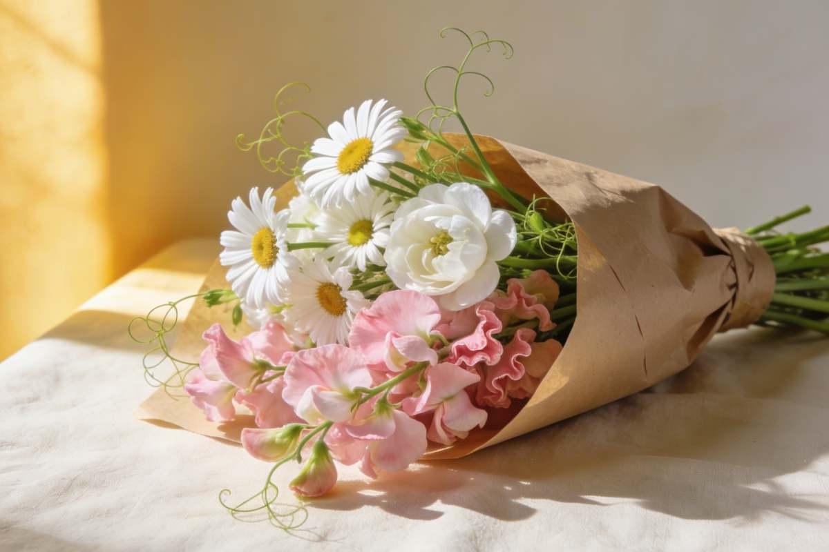 A hand-tied posy of white daisies and pink sweet peas wrapped in kraft paper