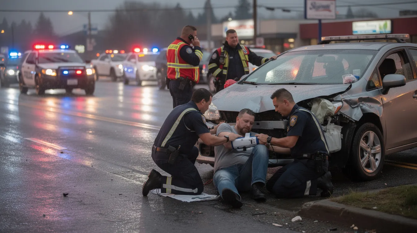 The image depicts a car accident victim sitting beside a damaged vehicle on a rainy roadside in Everett, Washington, as paramedics check the person's arm and emergency responders assess the scene. Police vehicles are parked in the background, and the wet pavement reflects city lights, creating a serious and candid atmosphere typical of a personal injury case.