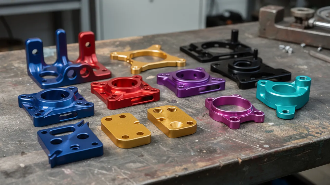 An array of anodized aluminum CNC machined parts in various vibrant colors is neatly arranged on a workbench, showcasing precision machined components that highlight the excellent corrosion resistance and superior strength of aluminum alloys. The image emphasizes the importance of material selection in CNC machining projects, illustrating the diverse applications of these industrial components.