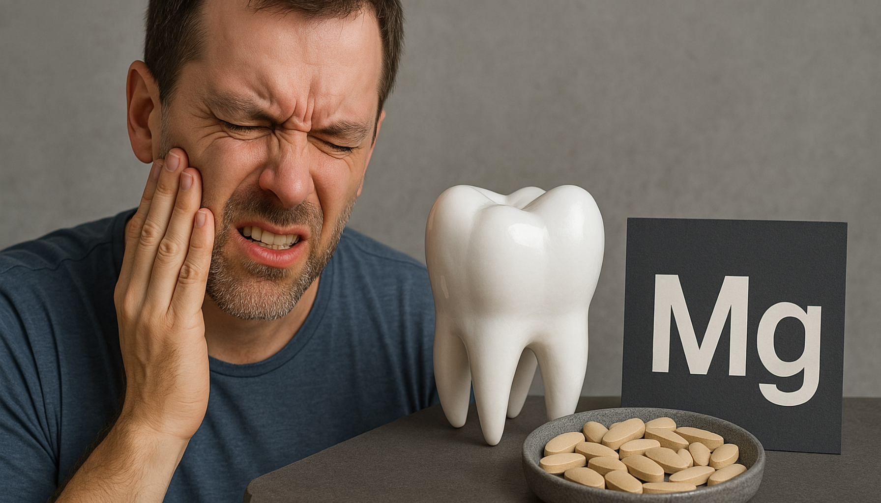 Mann med tannverk ved siden av stort tannmodell og magnesiumtabletter på bord.