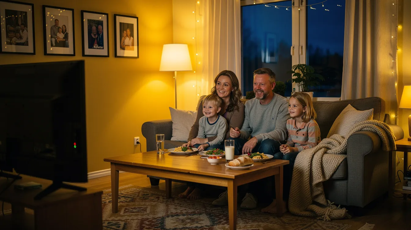 En familj sitter vid ett soffbord i vardagsrummet och äter middag framför tv:n. Soffbordet, som är av trä, har en praktisk höjd som gör det enkelt att nå maten och skapar en mysig känsla i rummet.