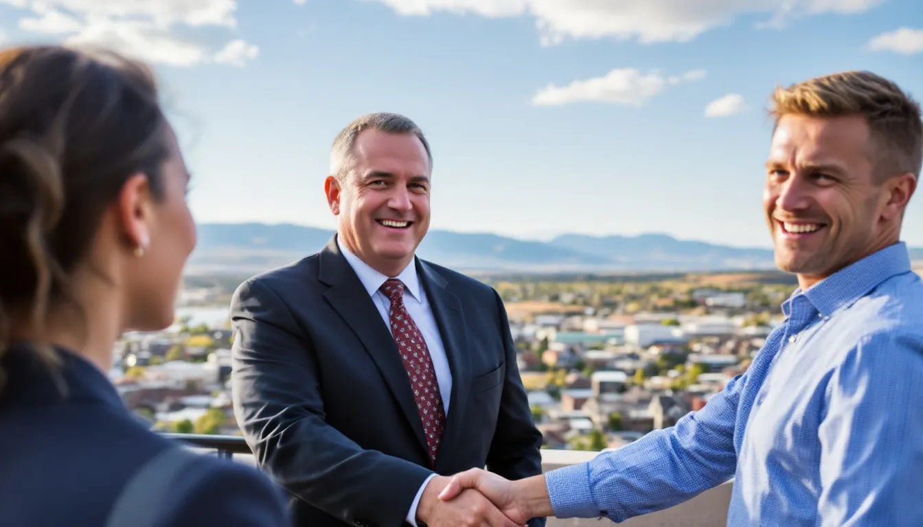In the image, attorney Steve Johnston is shaking hands with a client against a picturesque backdrop of Centennial, Colorado. This moment symbolizes the supportive relationship between workers compensation attorneys and injured workers navigating the complexities of workers compensation claims and benefits.