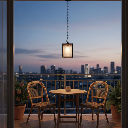 Balcony lighting ideas featuring a single hanging pendant light fixture for focused ambient illumination.