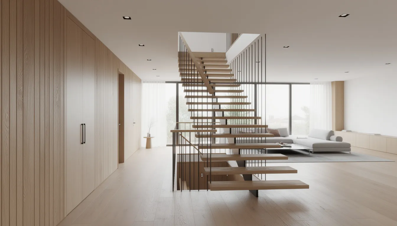 Een open hal met stijlvolle houten wandpanelen die doorlopen naar de woonkamer via een elegante open trap. De houten wandbekleding creëert een natuurlijke uitstraling en geeft de ruimte een warme en uitnodigende sfeer.