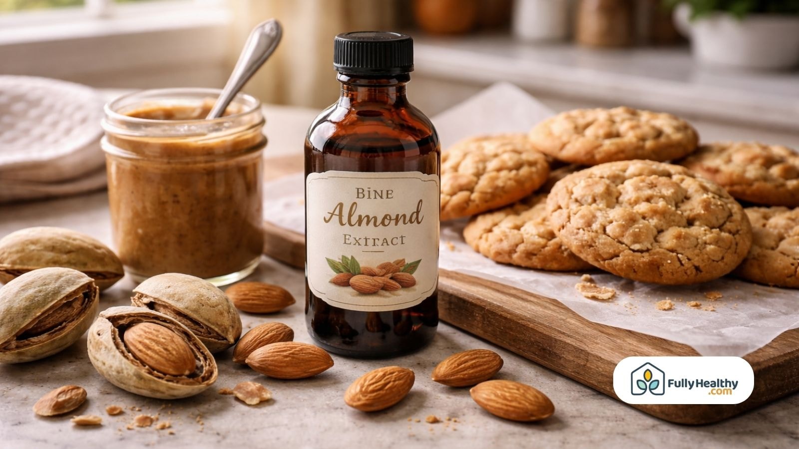 Bottle of almond extract with cookies and whole almonds