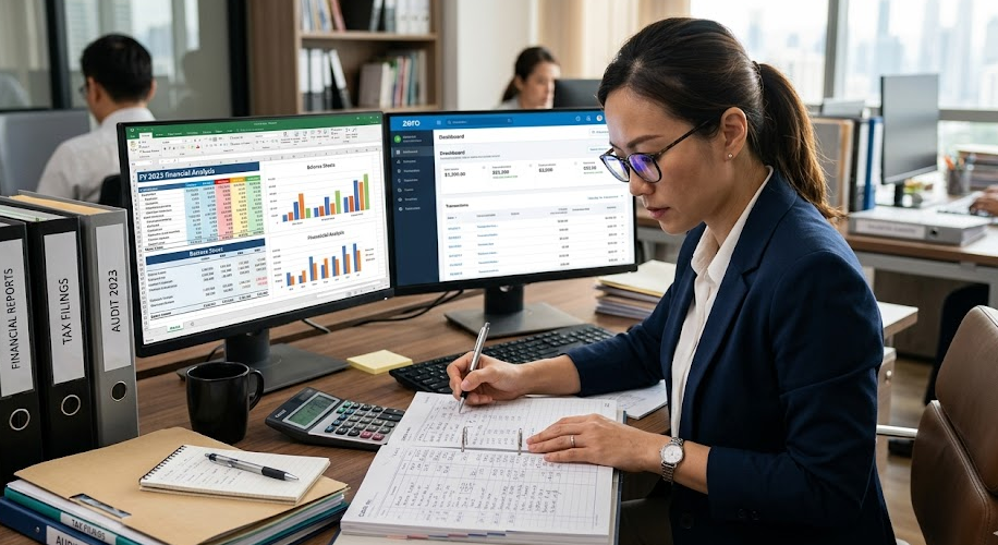 10 Common Mistakes New Accountants Make and How to Avoid Them 6 An accountant checking financial reports and spreadsheets, illustrating data accuracy and modern accounting practices