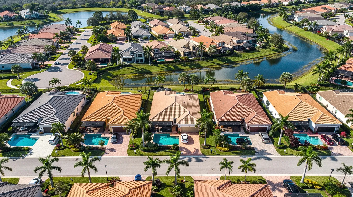 An aerial view showcases a Florida suburban neighborhood filled with tile-roofed houses, many featuring inviting swimming pools. This vibrant community highlights the appeal of local businesses and home service contractors in enhancing online visibility through effective digital marketing strategies.