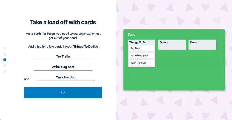 Trello introduserer funksjonen i velkomstskjermen deres.