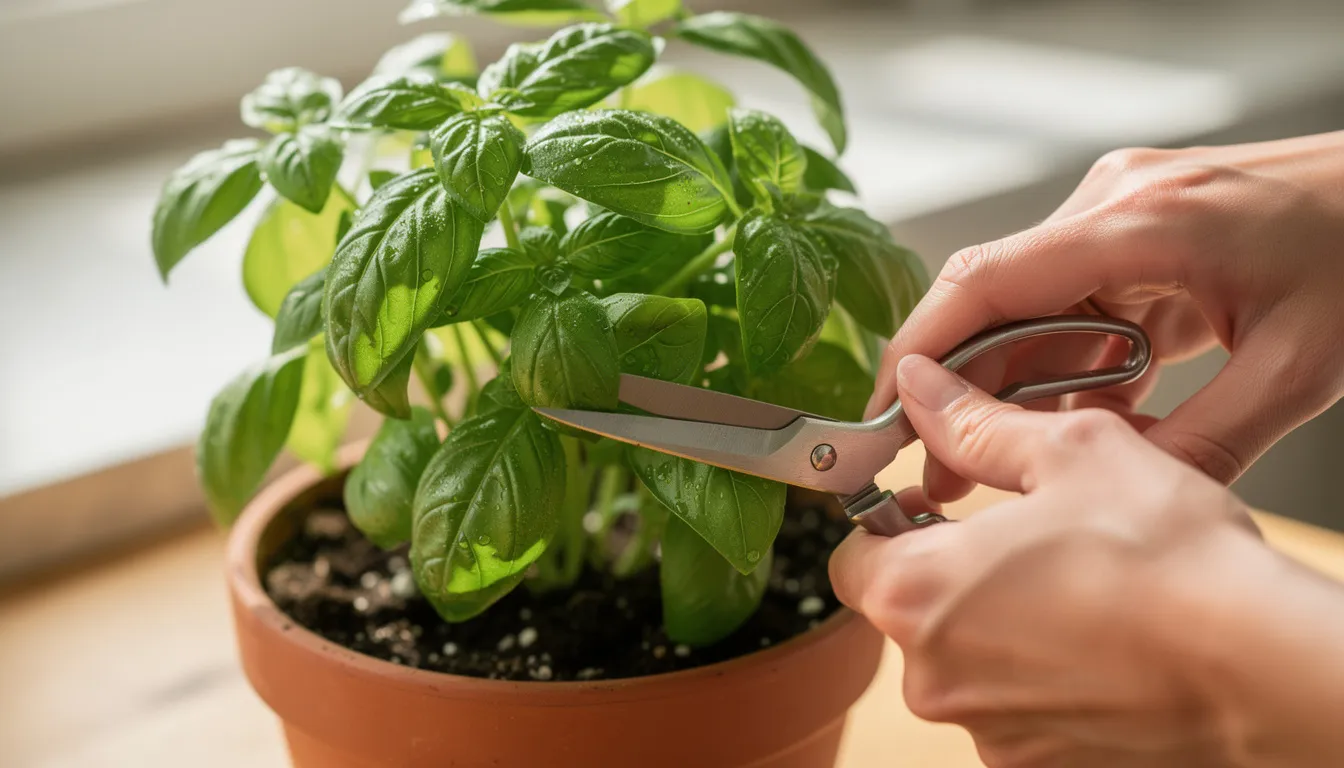 A close-up image shows hands carefully using small scissors to harvest vibrant basil leaves from a healthy potted basil plant, indicating the joy of maintaining an indoor herb garden. The scene highlights the freshness of culinary herbs, perfect for cooking and enhancing flavors in meals.