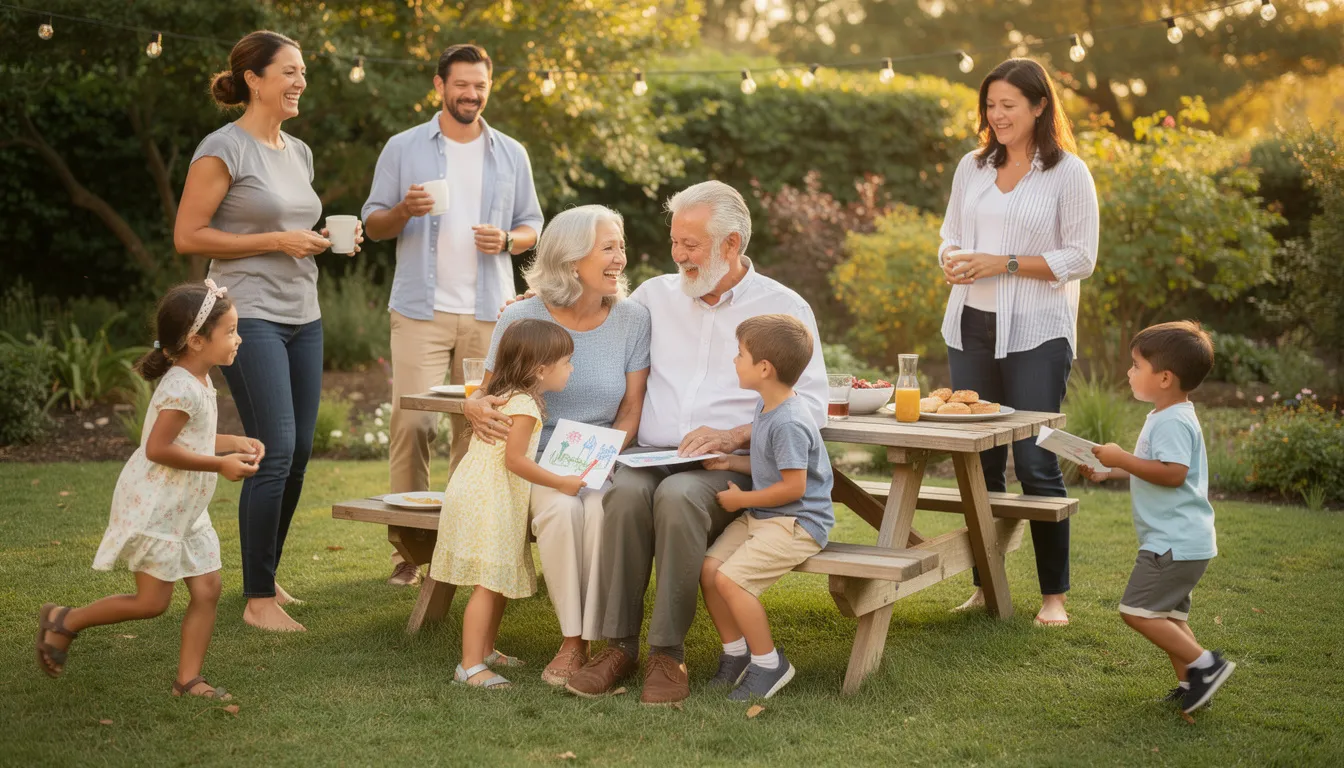 A multi-generational family gathers outdoors, with grandparents joyfully interacting with their grandchildren, showcasing the importance of family bonds during retirement years. This scene highlights the value of planning for retirement and ensuring a secure future for all family members.