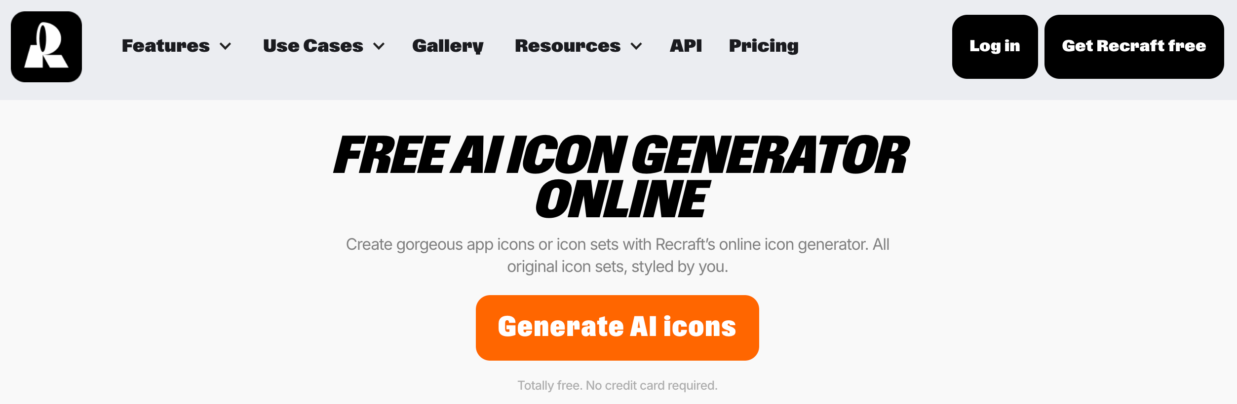 Recraft homepage promoting its free AI icon generator tool for creating app icons and custom icon sets with no sign-up.