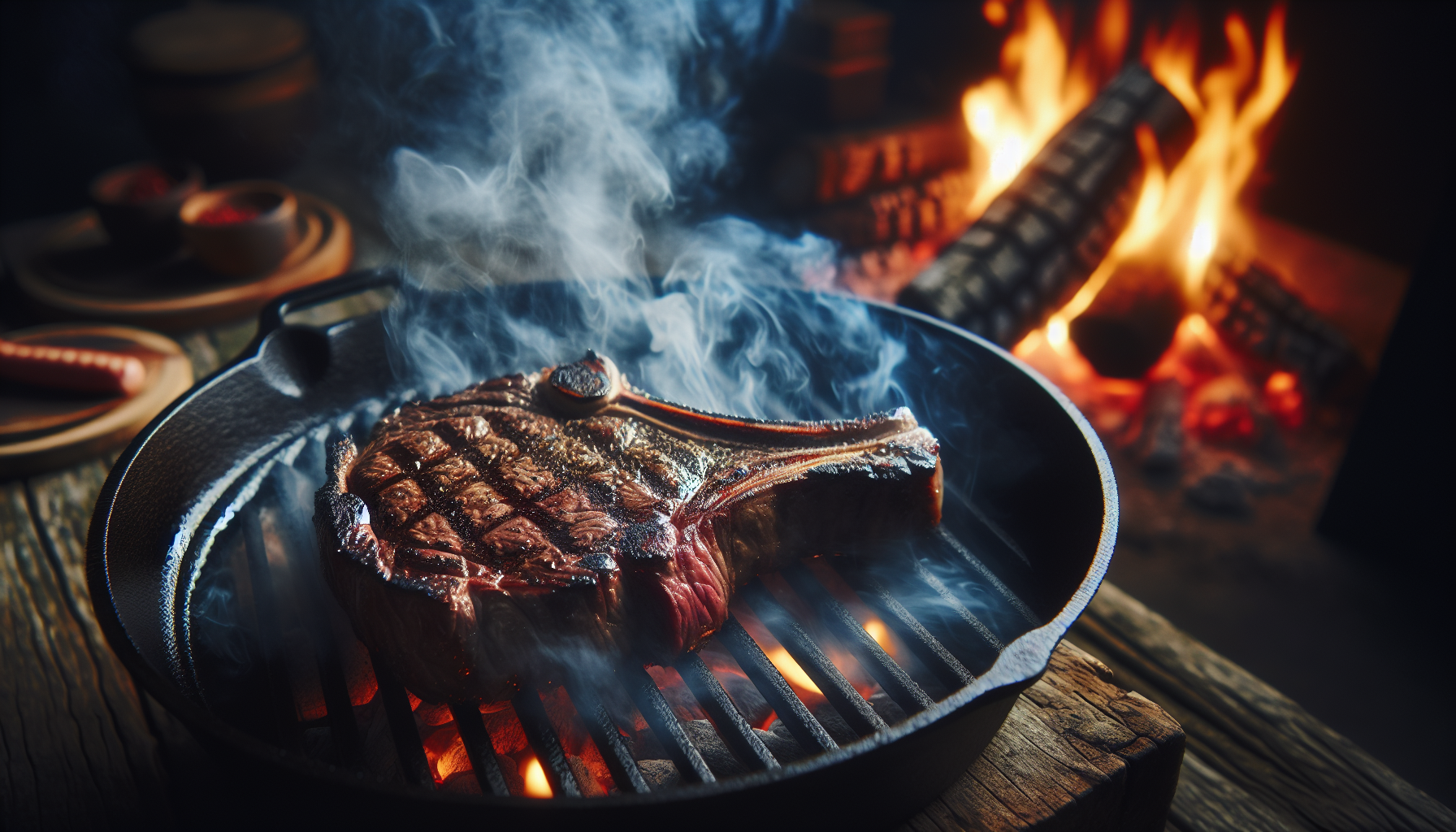 A sizzling steak on a grill with smoke rising